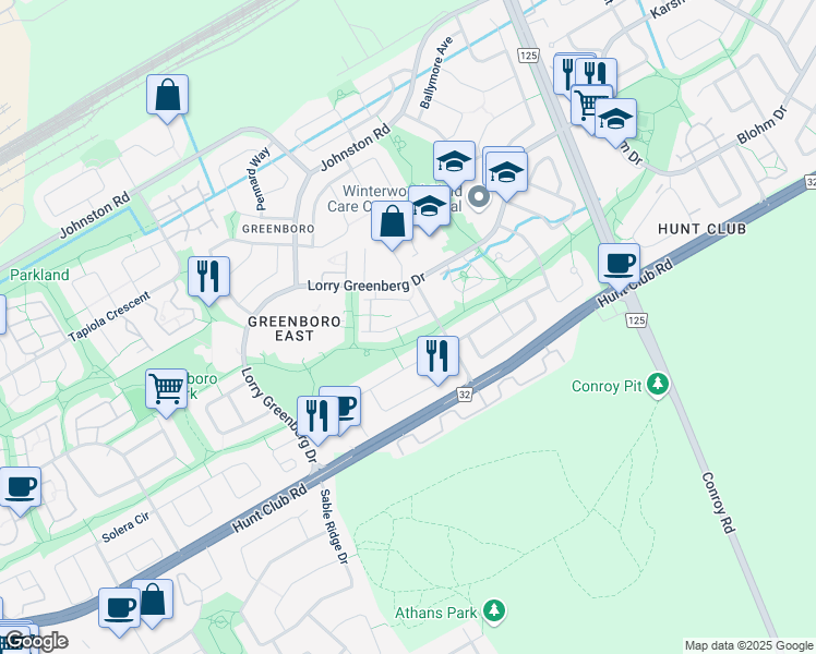 map of restaurants, bars, coffee shops, grocery stores, and more near 78 Castlegreen Private in Ottawa