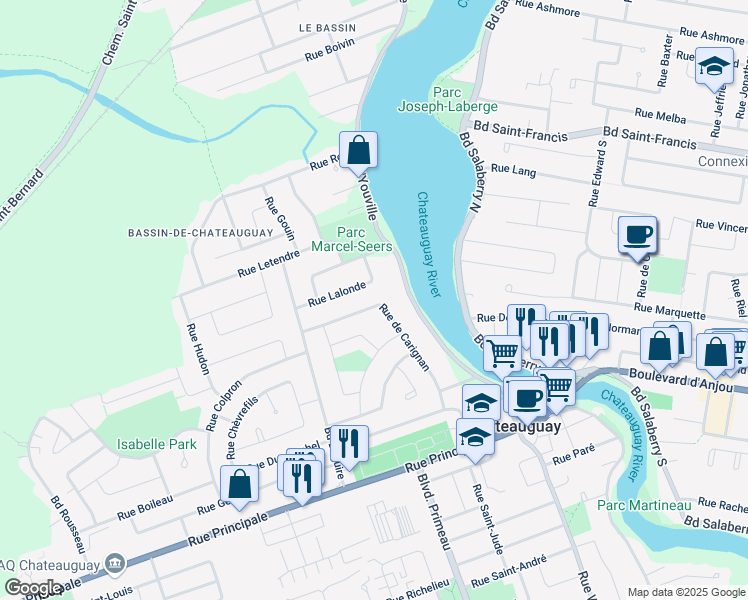 map of restaurants, bars, coffee shops, grocery stores, and more near 60 Rue de Carignan in Châteauguay
