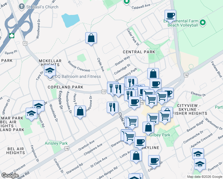 map of restaurants, bars, coffee shops, grocery stores, and more near Clyde Avenue in Ottawa