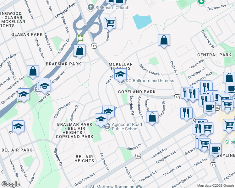 map of restaurants, bars, coffee shops, grocery stores, and more near 1185 Woodside Drive in Ottawa