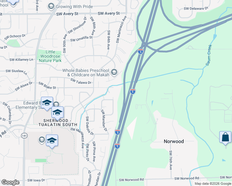 map of restaurants, bars, coffee shops, grocery stores, and more near 8300 Southwest Blake Street in Tualatin