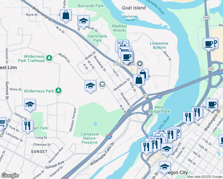 map of restaurants, bars, coffee shops, grocery stores, and more near 5525 Broadway Street in West Linn