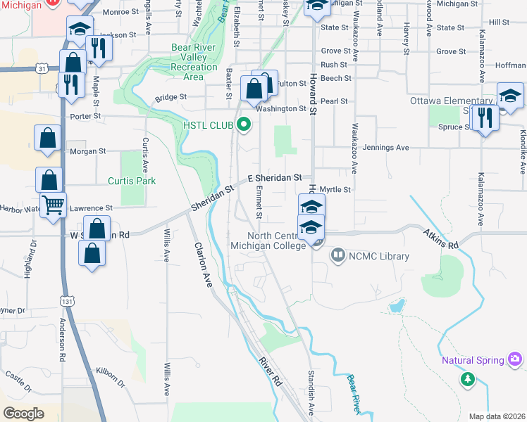 map of restaurants, bars, coffee shops, grocery stores, and more near 1219 Emmet Street in Petoskey