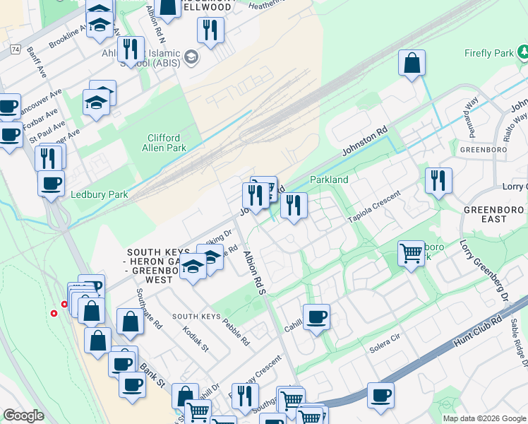 map of restaurants, bars, coffee shops, grocery stores, and more near in Ottawa
