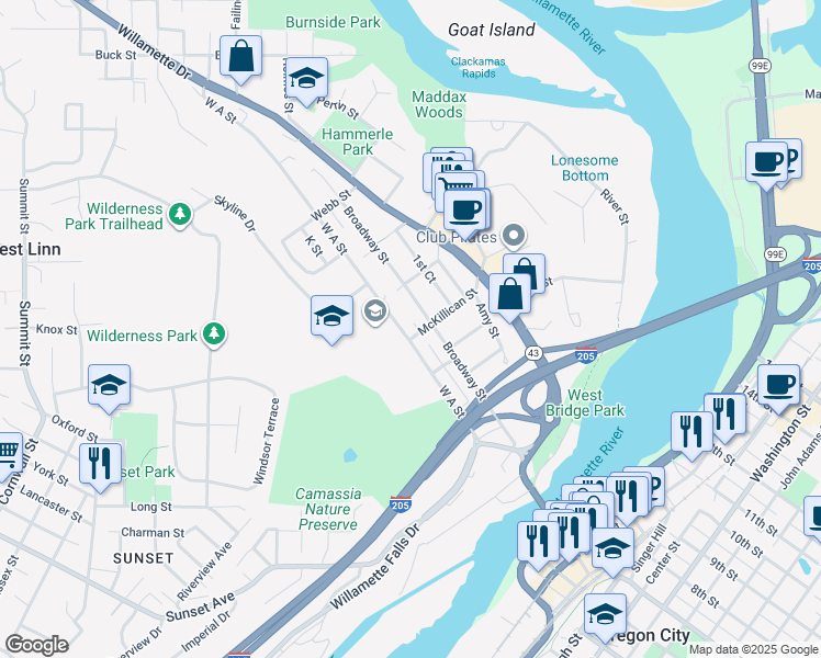 map of restaurants, bars, coffee shops, grocery stores, and more near 5525 Broadway Street in West Linn