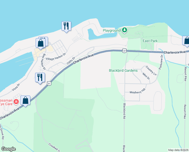 map of restaurants, bars, coffee shops, grocery stores, and more near 3371 Vineyard Court in Petoskey