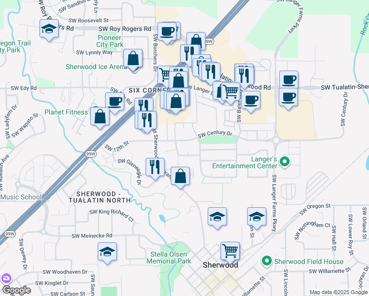 map of restaurants, bars, coffee shops, grocery stores, and more near 21541 Southwest Wallace Place in Sherwood