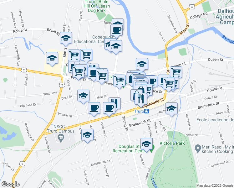 map of restaurants, bars, coffee shops, grocery stores, and more near 22 Young Street in Truro