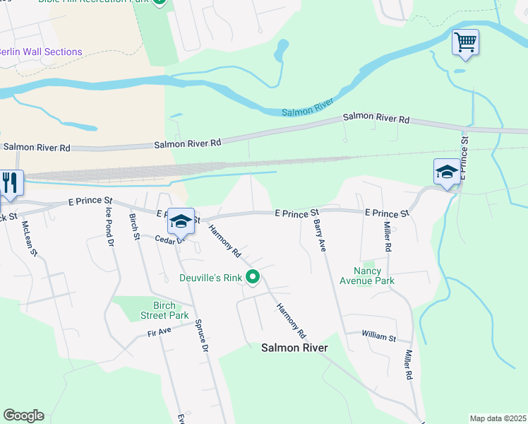 map of restaurants, bars, coffee shops, grocery stores, and more near East Prince Street in Salmon River
