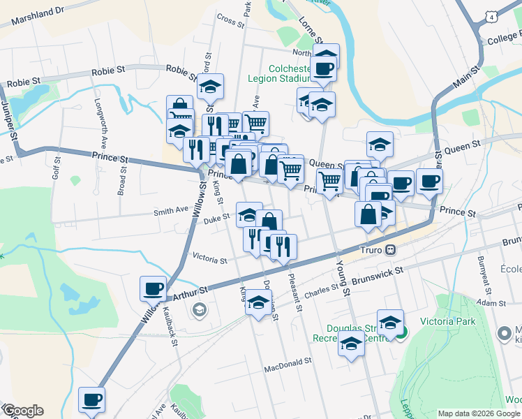 map of restaurants, bars, coffee shops, grocery stores, and more near 74 Duke Street in Truro
