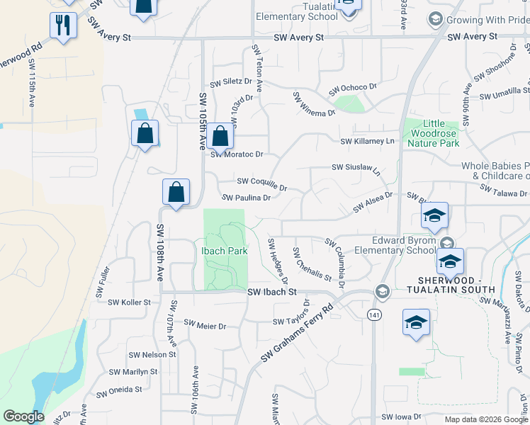 map of restaurants, bars, coffee shops, grocery stores, and more near 10120 Southwest Paulina Drive in Tualatin