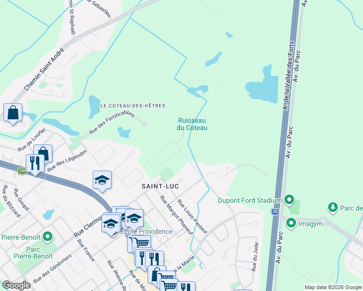 map of restaurants, bars, coffee shops, grocery stores, and more near 419 Rue des Échevins in Saint-Jean-sur-Richelieu
