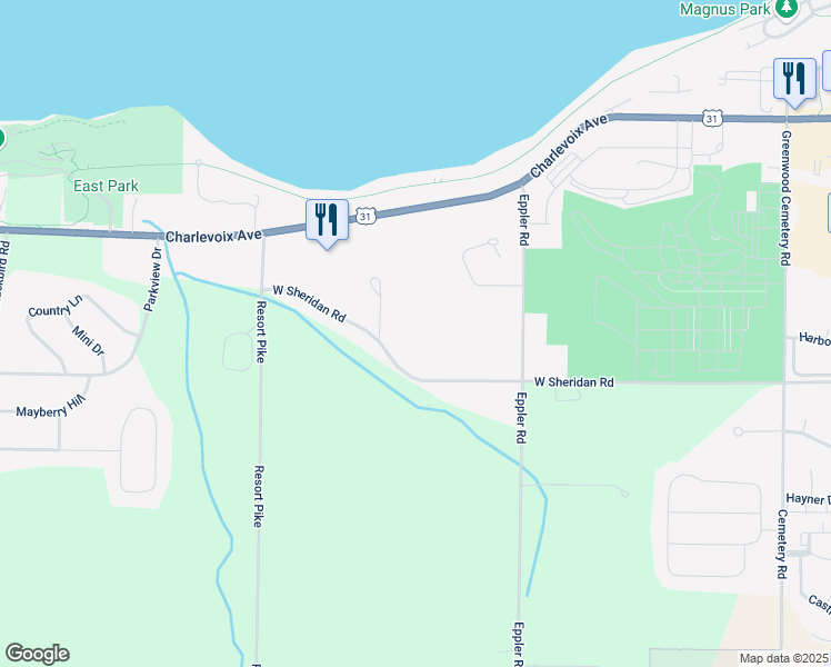 map of restaurants, bars, coffee shops, grocery stores, and more near 2420 W Sheridan Rd in Petoskey
