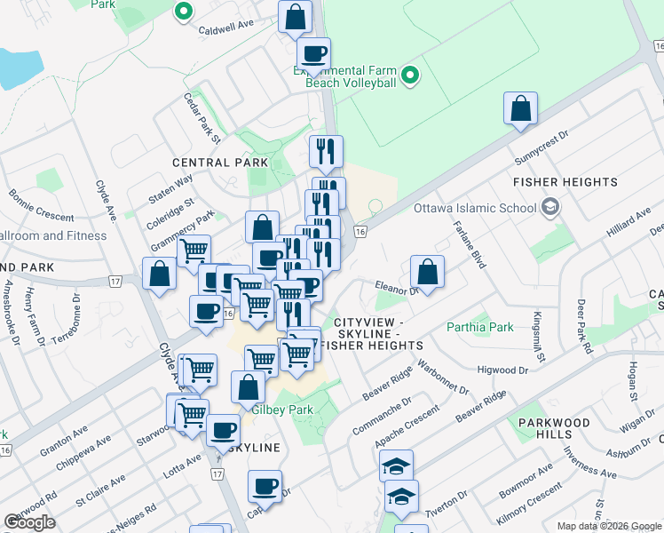 map of restaurants, bars, coffee shops, grocery stores, and more near 1429 Merivale Road in Ottawa