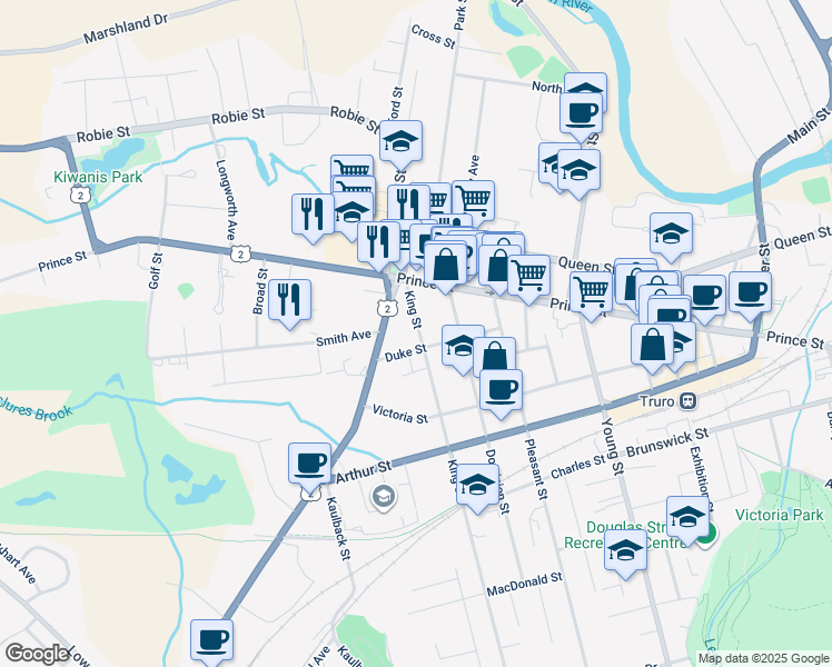 map of restaurants, bars, coffee shops, grocery stores, and more near 36 King Street in Truro