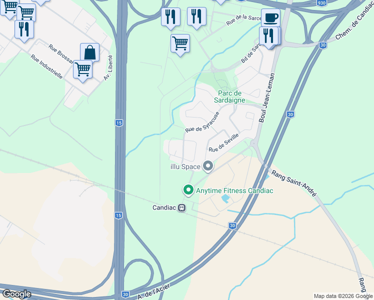 map of restaurants, bars, coffee shops, grocery stores, and more near 87 Rue de Syracuse in Candiac