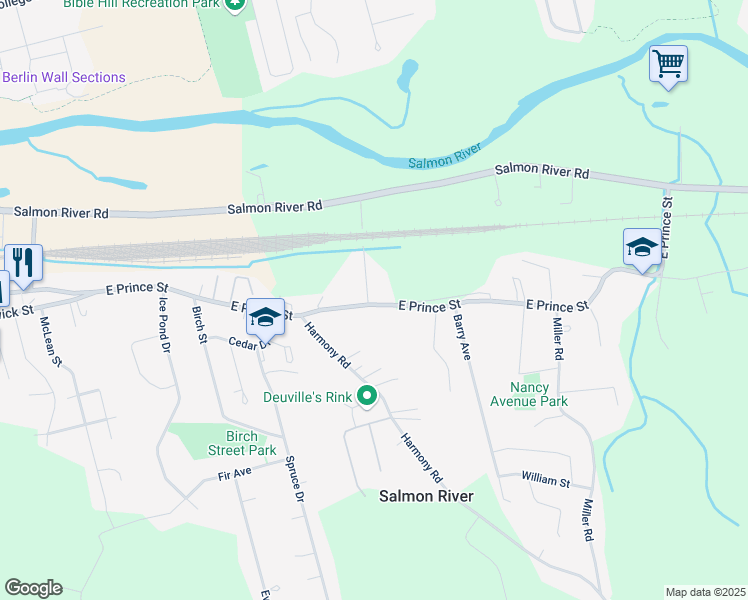 map of restaurants, bars, coffee shops, grocery stores, and more near 1491 East Prince Street in Salmon River