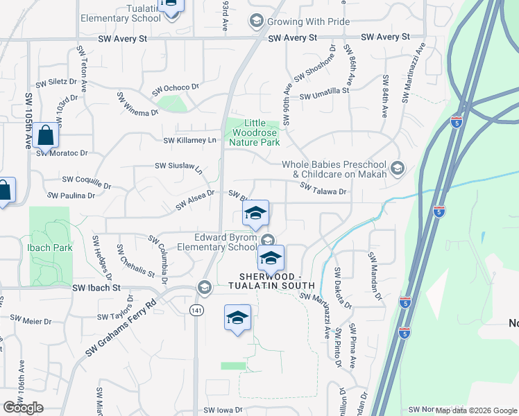 map of restaurants, bars, coffee shops, grocery stores, and more near 9126 Southwest Blake Street in Tualatin
