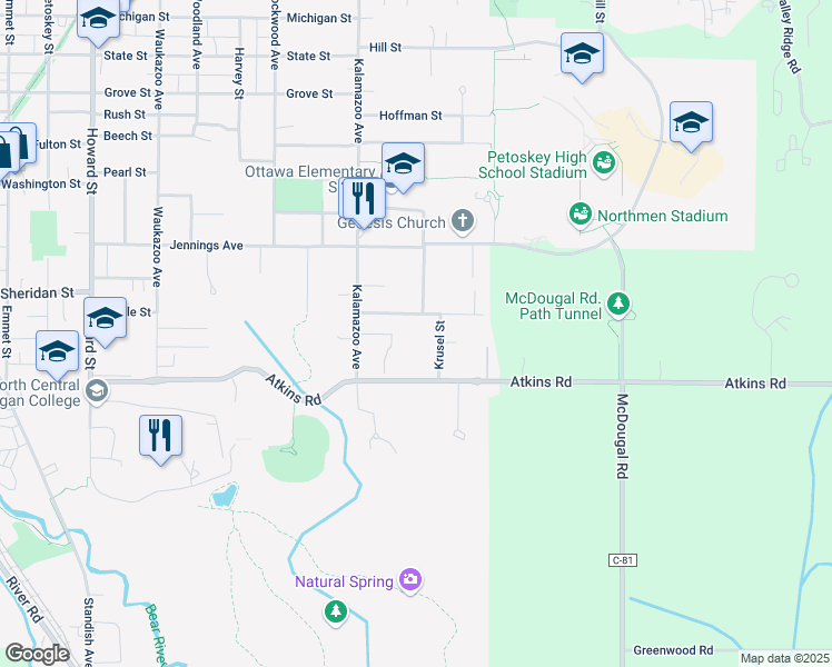 map of restaurants, bars, coffee shops, grocery stores, and more near 1114 Hazelton Avenue in Petoskey