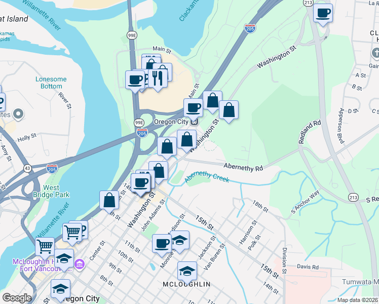 map of restaurants, bars, coffee shops, grocery stores, and more near Washington Street in Oregon City
