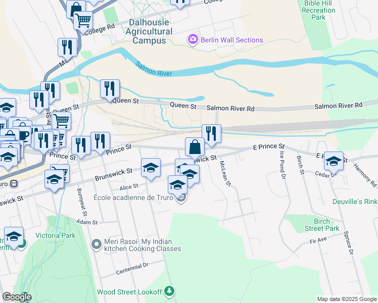 map of restaurants, bars, coffee shops, grocery stores, and more near 1196 Prince Street in Truro