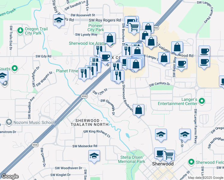 map of restaurants, bars, coffee shops, grocery stores, and more near 16618 Southwest 12th Street in Sherwood