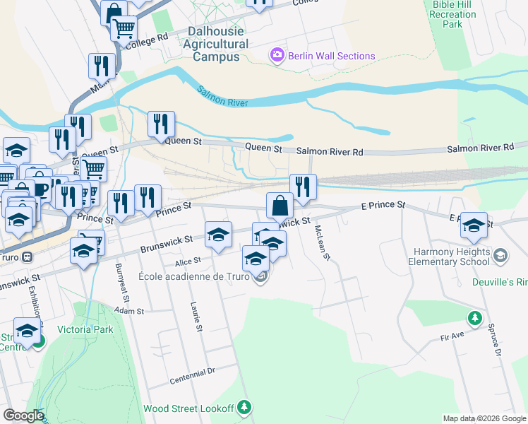 map of restaurants, bars, coffee shops, grocery stores, and more near 1190 Prince Street in Truro