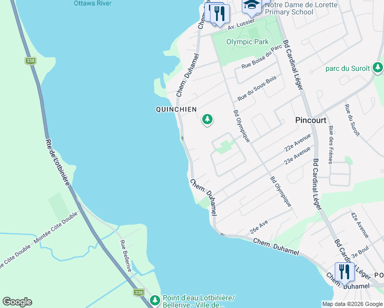 map of restaurants, bars, coffee shops, grocery stores, and more near 527 Chemin Duhamel in Pincourt