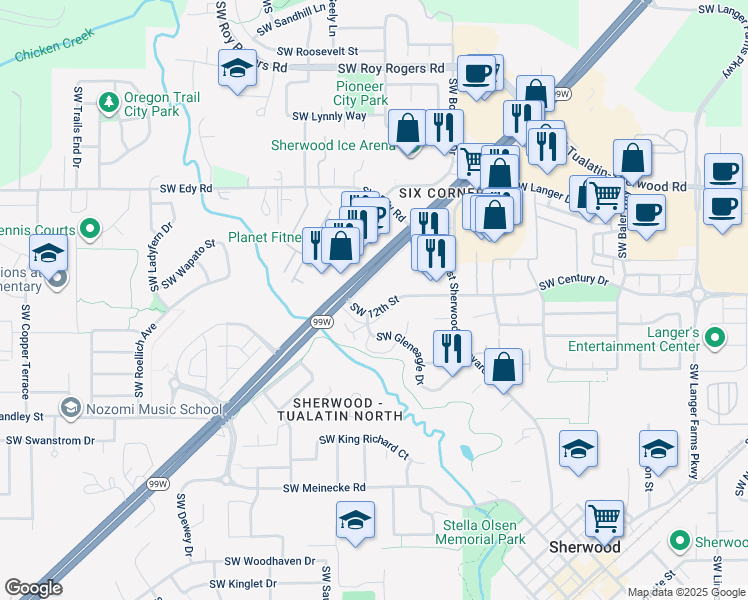 map of restaurants, bars, coffee shops, grocery stores, and more near 16771 Southwest 12th Street in Sherwood