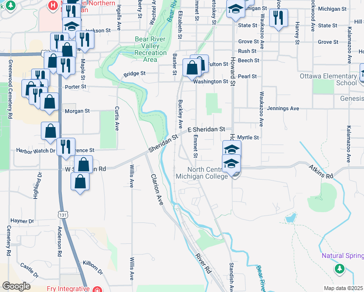 map of restaurants, bars, coffee shops, grocery stores, and more near 1209 Buckley Avenue in Petoskey