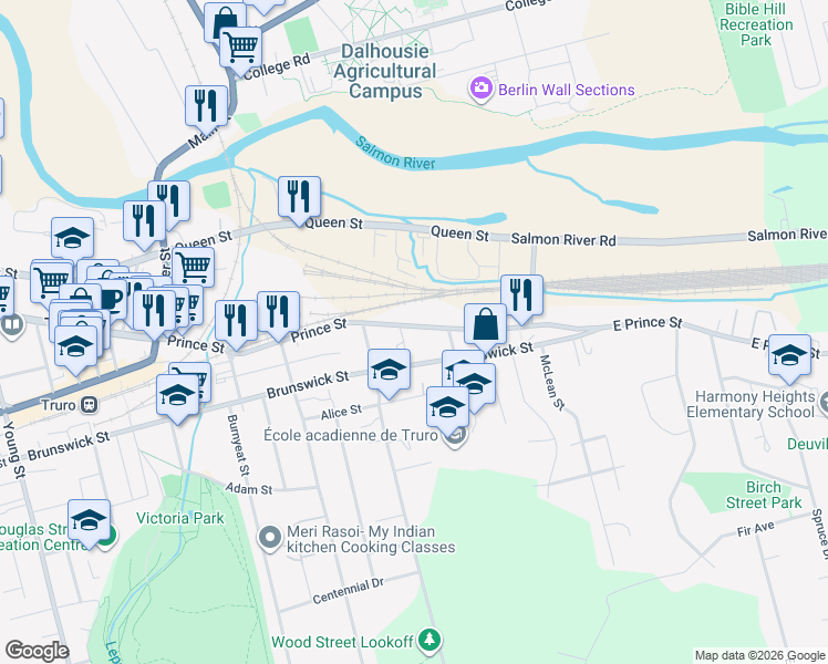 map of restaurants, bars, coffee shops, grocery stores, and more near 1154 Prince Street in Truro