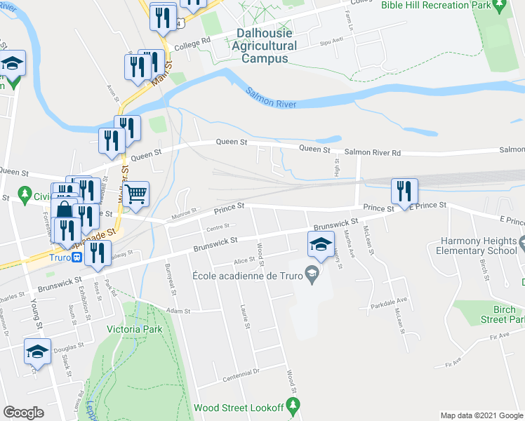 map of restaurants, bars, coffee shops, grocery stores, and more near 1132 Prince Street in Truro