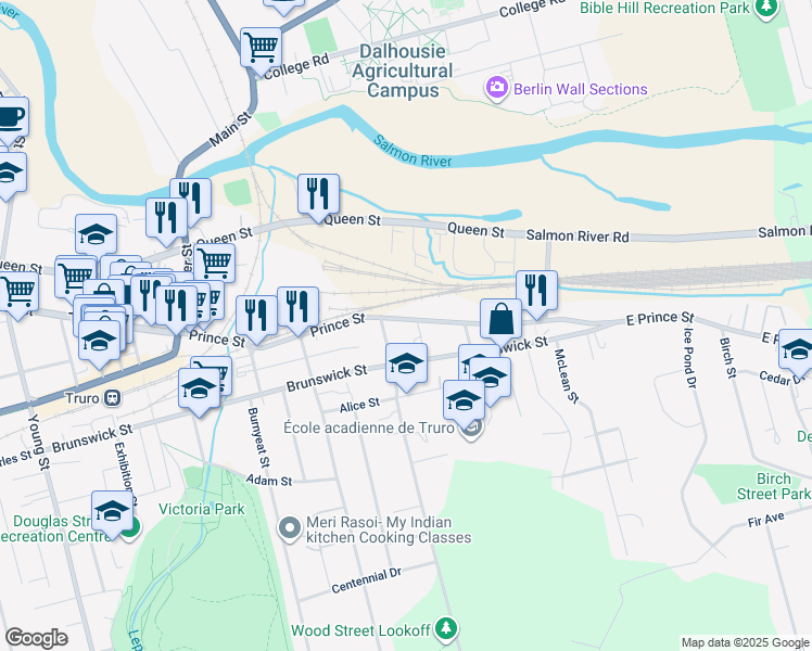 map of restaurants, bars, coffee shops, grocery stores, and more near 1136 Prince Street in Truro