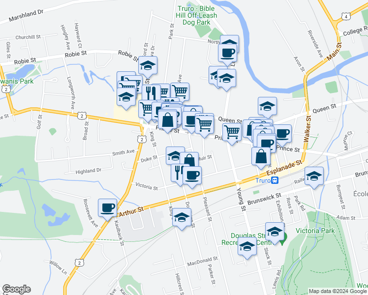 map of restaurants, bars, coffee shops, grocery stores, and more near 75 Duke Street in Truro