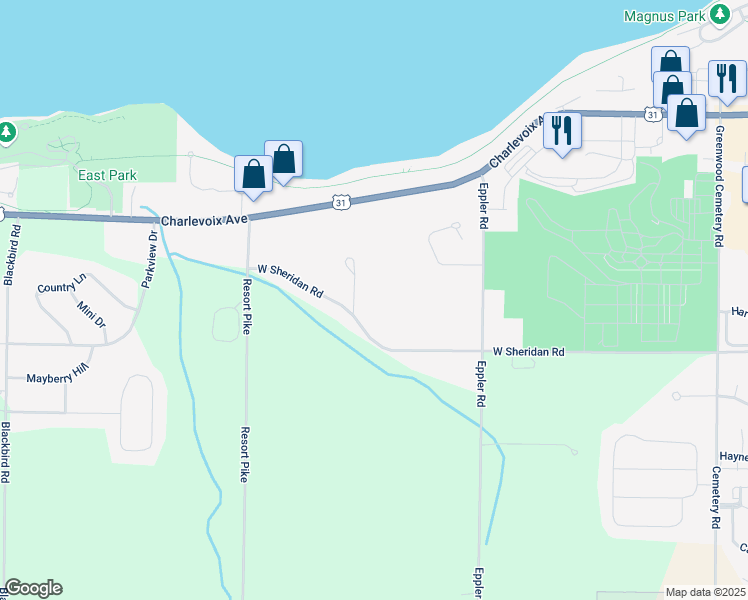 map of restaurants, bars, coffee shops, grocery stores, and more near 2420 West Sheridan Road in Petoskey