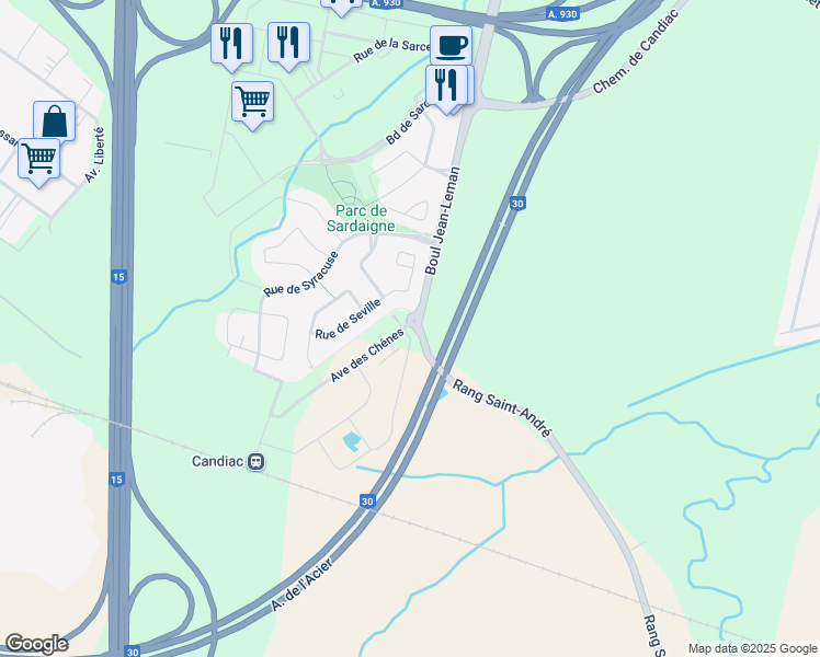 map of restaurants, bars, coffee shops, grocery stores, and more near 15 rue Des Chênes in Candiac