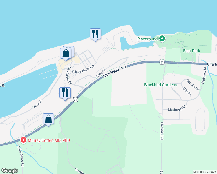 map of restaurants, bars, coffee shops, grocery stores, and more near 3575 Charlevoix Avenue in Petoskey