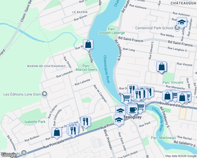 map of restaurants, bars, coffee shops, grocery stores, and more near 73 Boulevard D'Youville in Châteauguay