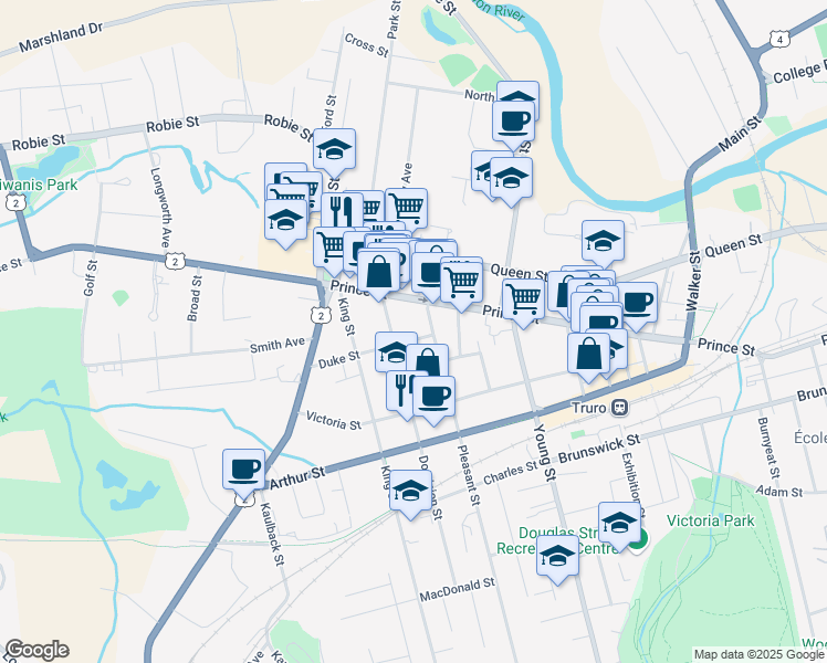map of restaurants, bars, coffee shops, grocery stores, and more near 75 Duke Street in Truro
