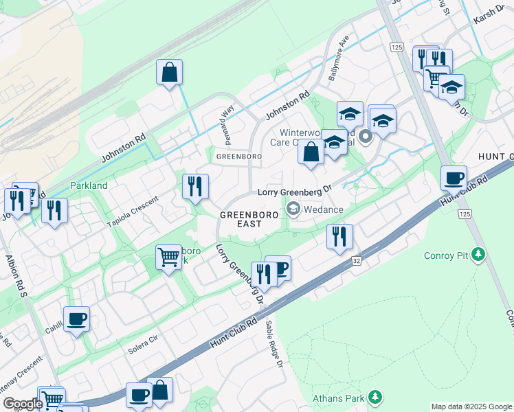 map of restaurants, bars, coffee shops, grocery stores, and more near 266 Lorry Greenberg Drive in Ottawa