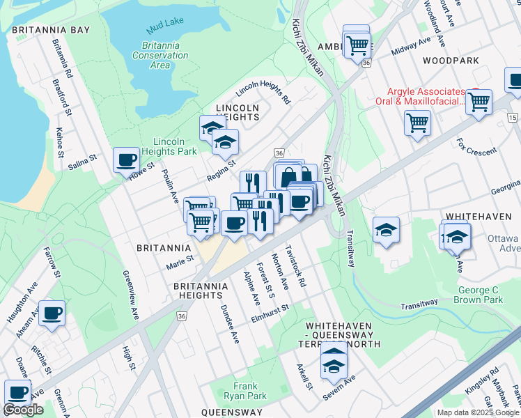 map of restaurants, bars, coffee shops, grocery stores, and more near 360 Croydon Avenue in Ottawa