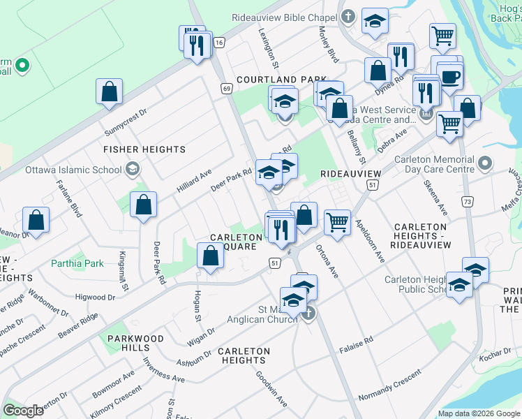 map of restaurants, bars, coffee shops, grocery stores, and more near 17 Forest Park Avenue in Ottawa
