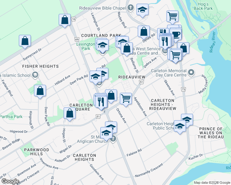 map of restaurants, bars, coffee shops, grocery stores, and more near 517 Orkney Private in Ottawa