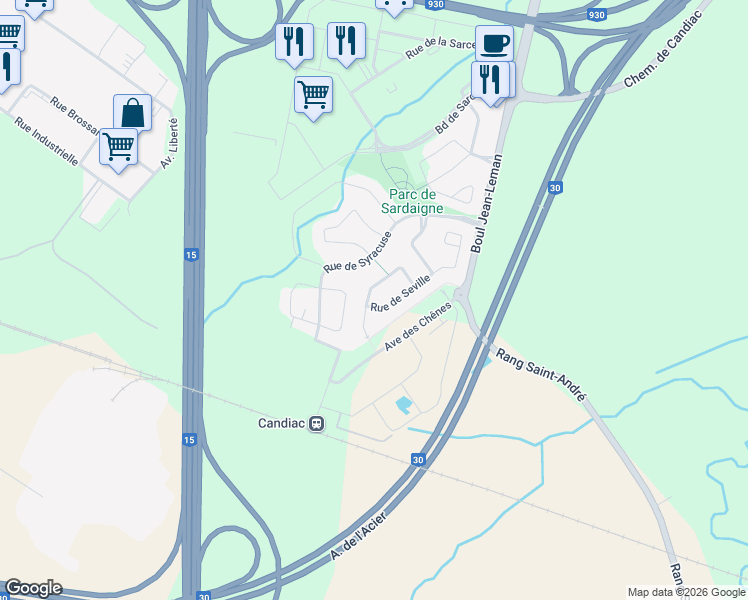 map of restaurants, bars, coffee shops, grocery stores, and more near 10 Rue de Savoie in Candiac