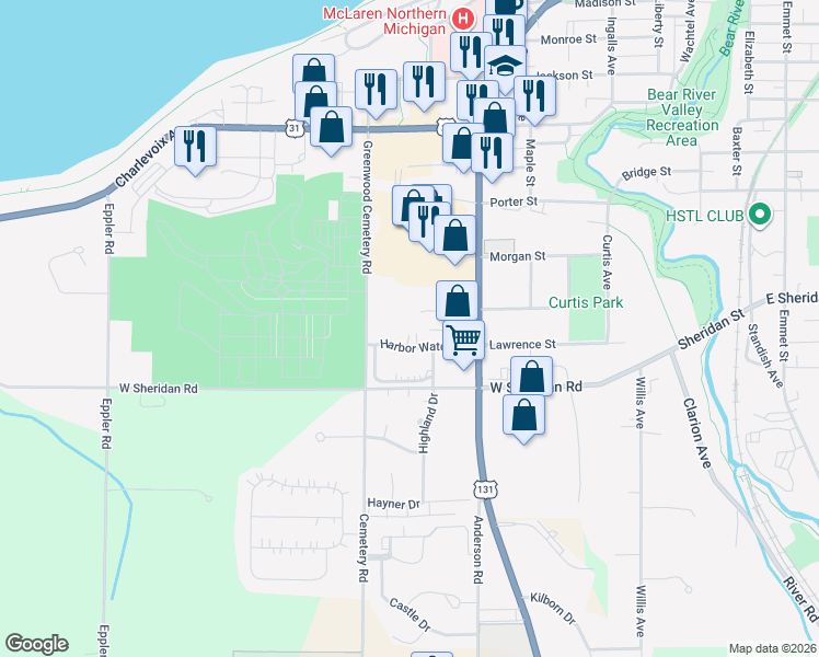 map of restaurants, bars, coffee shops, grocery stores, and more near 810 Harbor Watch Drive in Petoskey
