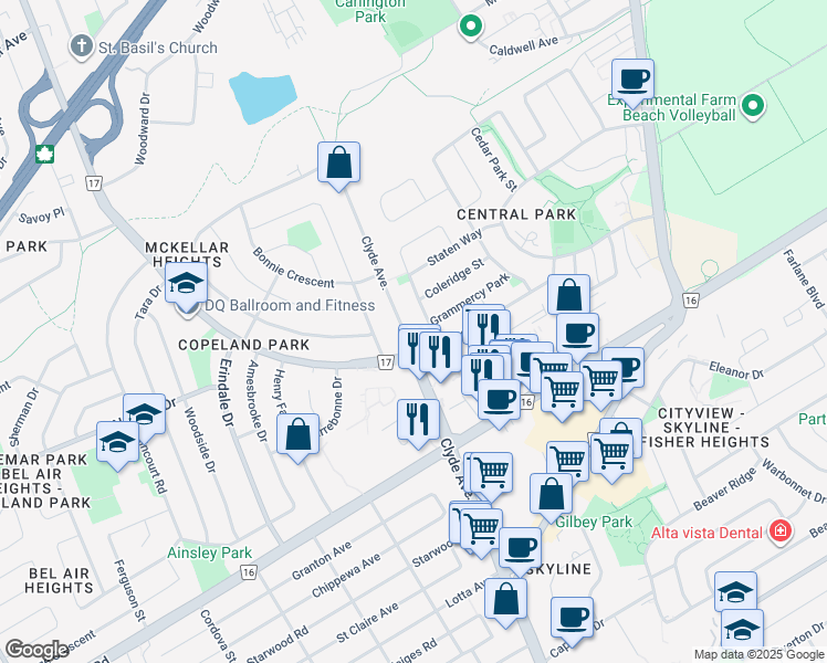 map of restaurants, bars, coffee shops, grocery stores, and more near 1239 Clyde Avenue in Ottawa