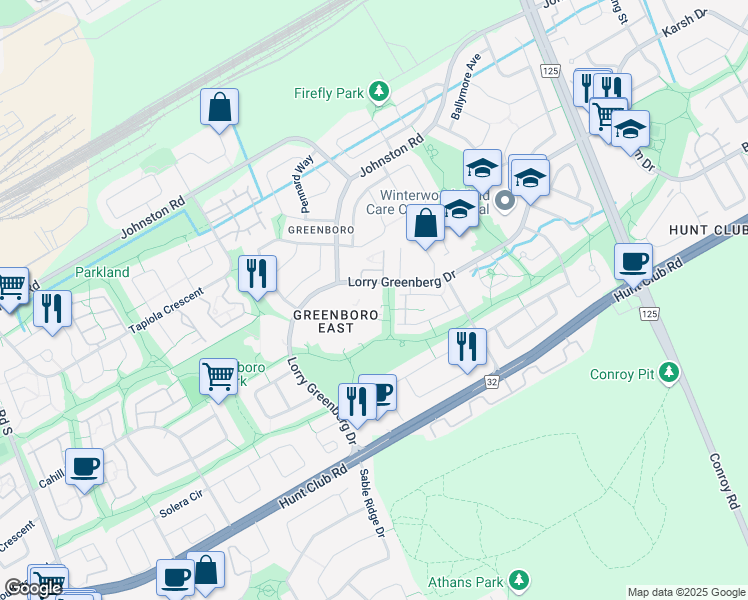 map of restaurants, bars, coffee shops, grocery stores, and more near 266 Lorry Greenberg Drive in Ottawa