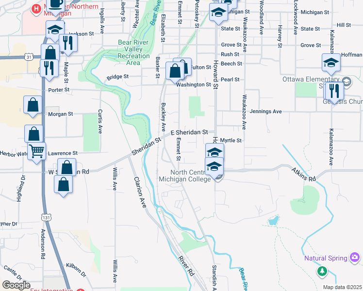 map of restaurants, bars, coffee shops, grocery stores, and more near 1219 Emmet Street in Petoskey