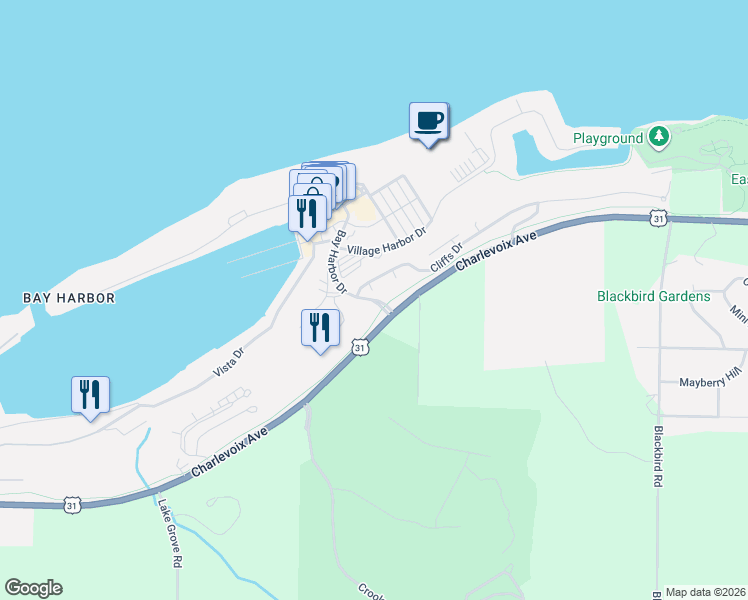 map of restaurants, bars, coffee shops, grocery stores, and more near 791 Bay Harbor Dr in Petoskey