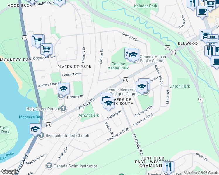 map of restaurants, bars, coffee shops, grocery stores, and more near 837 Ottawa Regional Road 74 in Ottawa